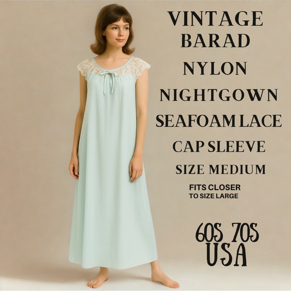 Vintage Seafoam Barad Nylon Lace Nightgown M